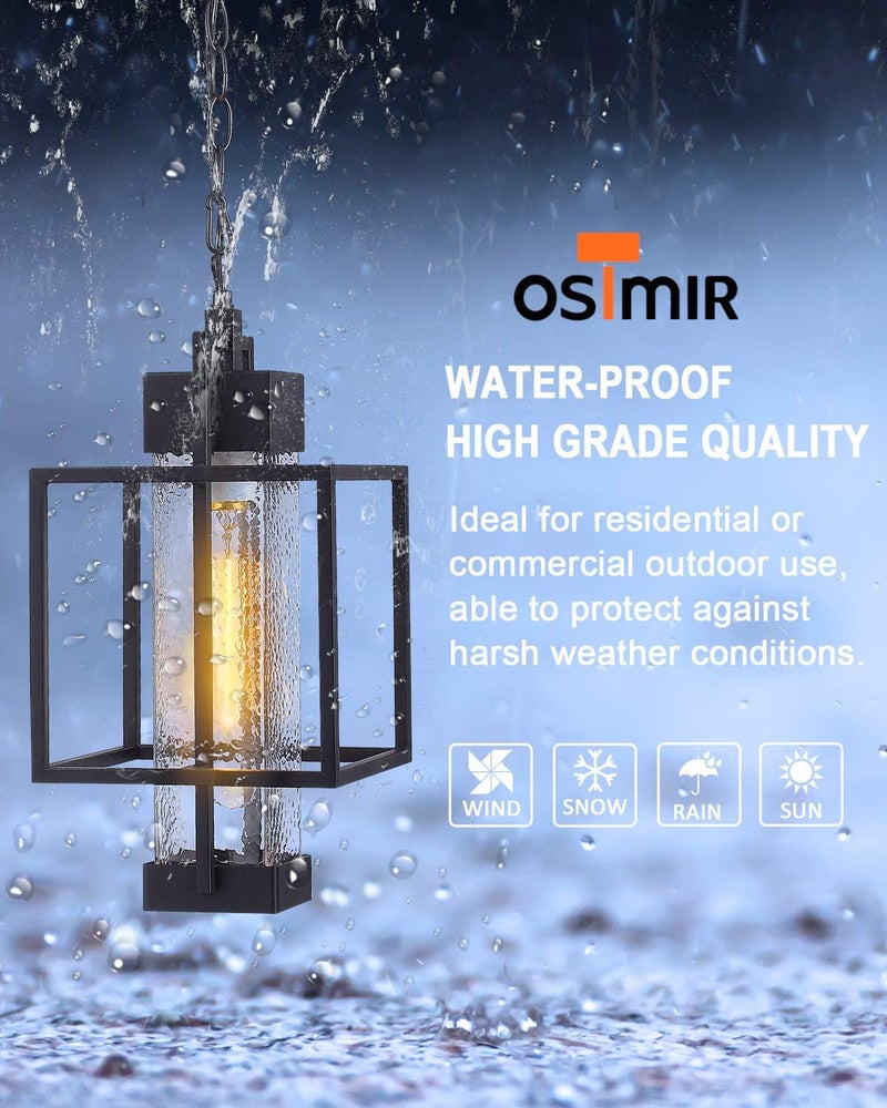 Osimir Outdoor Pendant Light, 16" 1-Light Large Hanging Porch Light Fixtures, Modern Black Outside Chandelier Lantern Lighting with Bubble Glass for Porch Gazebo Entryway, 2375/1HL - Image 2